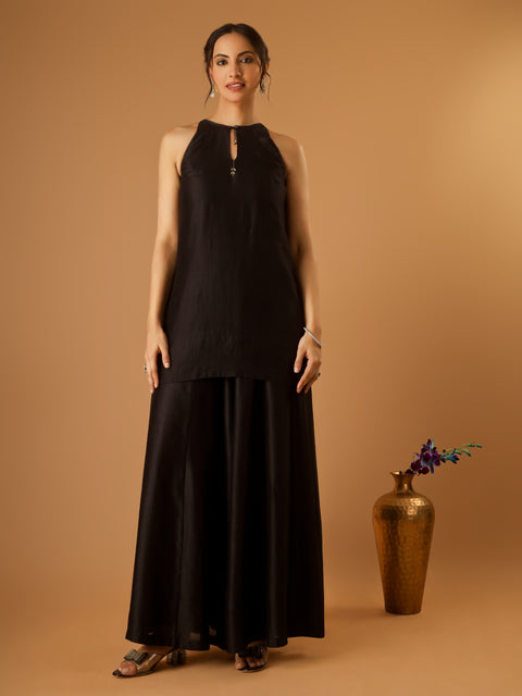 Sleeveless Short Kurti and Cotton Sharara with Embroidered Katan Dupatta in Black (Set of 3)