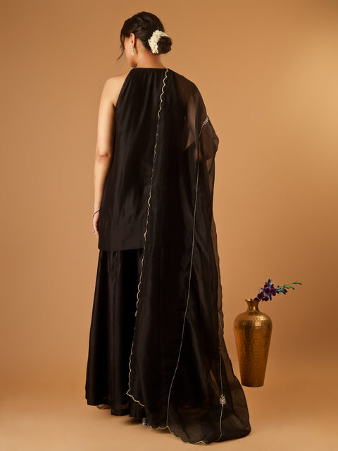 Sleeveless Short Kurti and Cotton Sharara with Embroidered Katan Dupatta in Black (Set of 3)