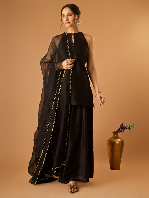 Sleeveless Short Kurti and Cotton Sharara with Embroidered Katan Dupatta in Black (Set of 3)