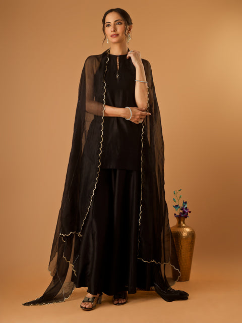Sleeveless Short Kurti and Cotton Sharara with Embroidered Katan Dupatta in Black (Set of 3)