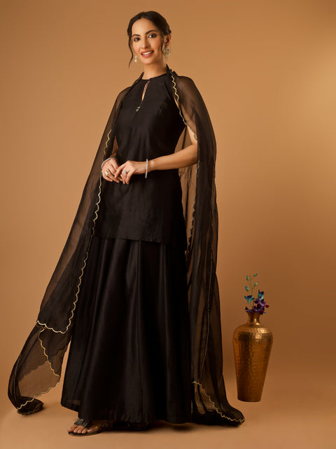 Sleeveless Short Kurti and Cotton Sharara with Embroidered Katan Dupatta in Black (Set of 3)