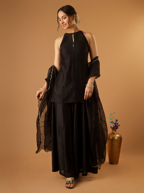 Sleeveless Short Kurti and Cotton Sharara with Embroidered Katan Dupatta in Black (Set of 3)