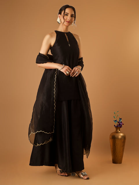 Sleeveless Short Kurti and Cotton Sharara with Embroidered Katan Dupatta in Black (Set of 3)