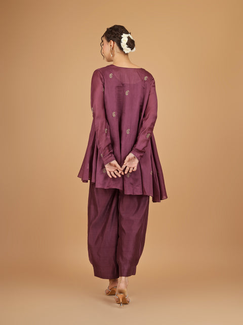 Plum Asymmetric Tunic with Bunched Pants Co-Ord (Set of 3)