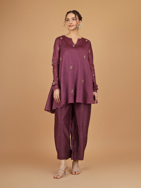 Plum Asymmetric Tunic with Bunched Pants Co-Ord (Set of 3)