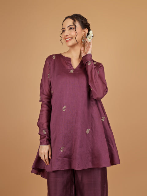 Plum Asymmetric Tunic with Bunched Pants Co-Ord (Set of 3)