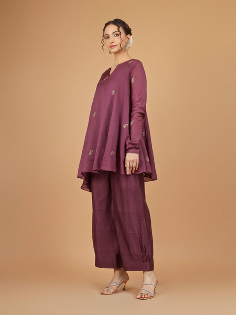 Plum Asymmetric Tunic with Bunched Pants Co-Ord (Set of 3)
