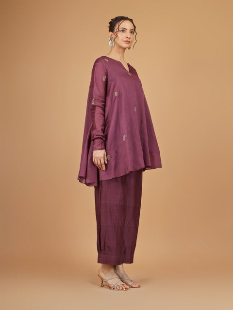 Plum Asymmetric Tunic with Bunched Pants Co-Ord (Set of 3)