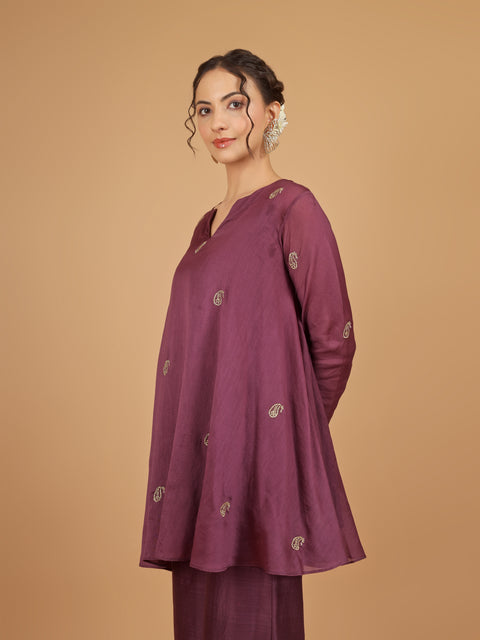 Plum Asymmetric Tunic with Bunched Pants Co-Ord (Set of 3)