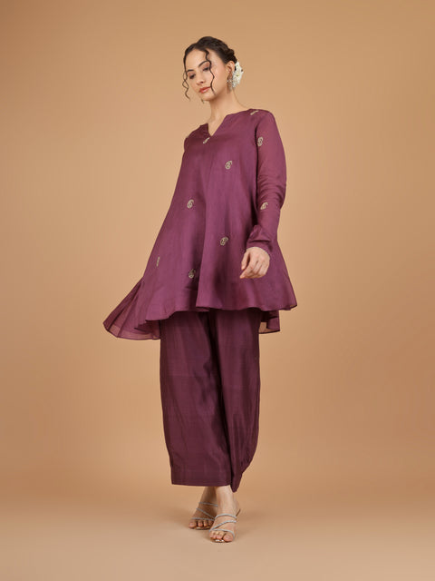 Plum Asymmetric Tunic with Bunched Pants Co-Ord (Set of 3)