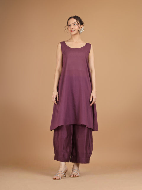 Plum Chanderi Anarkali Kurta with Bunched Pants & Embroidered Dupatta (Set of 4)