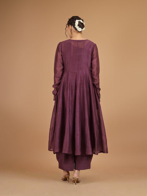 Plum Chanderi Anarkali Kurta with Bunched Pants & Embroidered Dupatta (Set of 4)