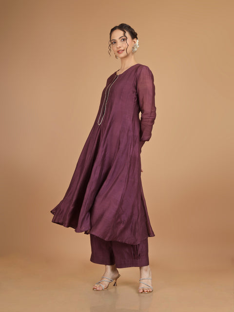 Plum Chanderi Anarkali Kurta with Bunched Pants & Embroidered Dupatta (Set of 4)