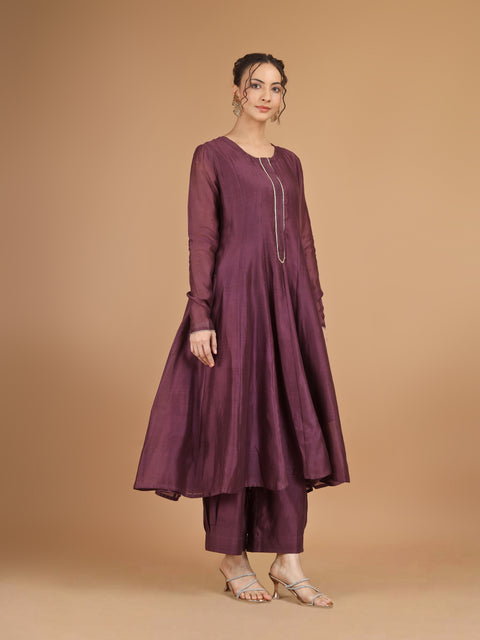 Plum Chanderi Anarkali Kurta with Bunched Pants & Embroidered Dupatta (Set of 4)