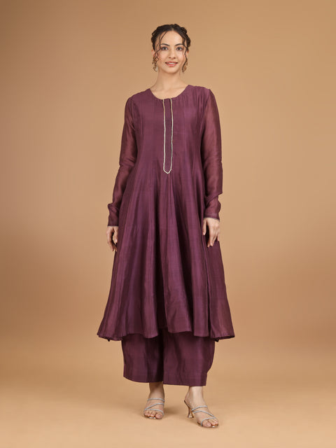 Plum Chanderi Anarkali Kurta with Bunched Pants & Embroidered Dupatta (Set of 4)