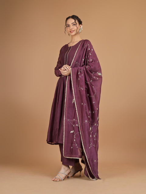 Plum Chanderi Anarkali Kurta with Bunched Pants & Embroidered Dupatta (Set of 4)