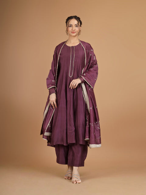Plum Chanderi Anarkali Kurta with Bunched Pants & Embroidered Dupatta (Set of 4)