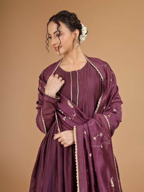 Plum Chanderi Anarkali Kurta with Bunched Pants & Embroidered Dupatta (Set of 4)