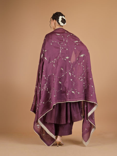 Plum Chanderi Anarkali Kurta with Bunched Pants & Embroidered Dupatta (Set of 4)