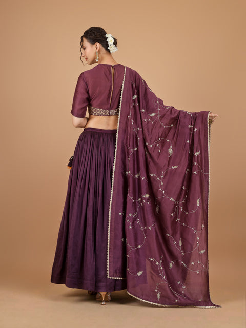 Plum Gathered Chanderi Lehenga with Embroidered Blouse & Dupatta (Set of 3)