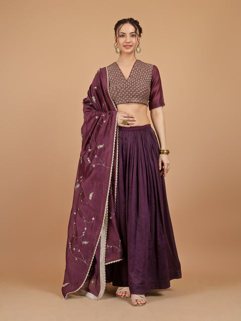 Plum Gathered Chanderi Lehenga with Embroidered Blouse & Dupatta (Set of 3)
