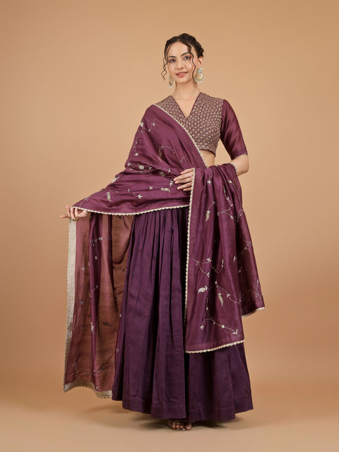 Plum Gathered Chanderi Lehenga with Embroidered Blouse & Dupatta (Set of 3)