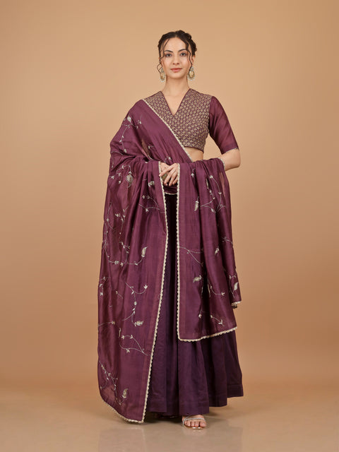 Plum Gathered Chanderi Lehenga with Embroidered Blouse & Dupatta (Set of 3)
