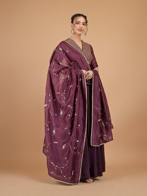 Plum Gathered Chanderi Lehenga with Embroidered Blouse & Dupatta (Set of 3)