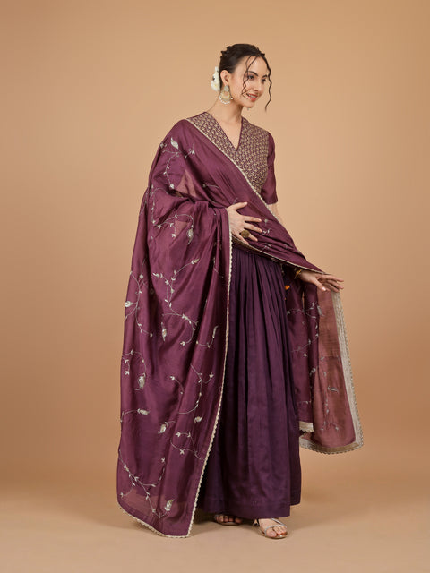 Plum Gathered Chanderi Lehenga with Embroidered Blouse & Dupatta (Set of 3)