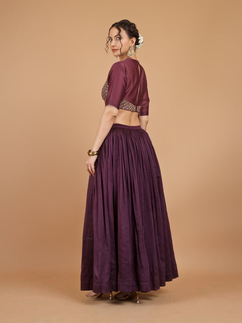 Plum Gathered Chanderi Lehenga with Embroidered Blouse & Dupatta (Set of 3)