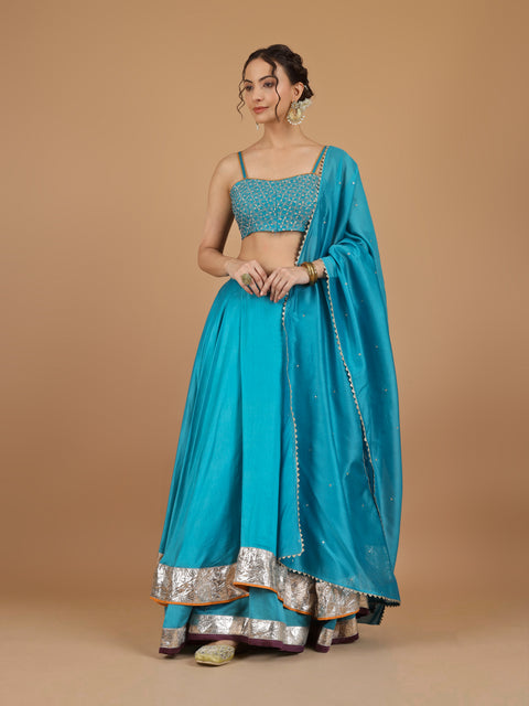 Aqua Blue Chanderi Layered Lehenga with Embroidered Strappy Blouse & Dupatta (Set of 3)