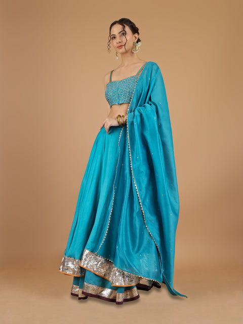 Aqua Blue Chanderi Layered Lehenga with Embroidered Strappy Blouse & Dupatta (Set of 3)