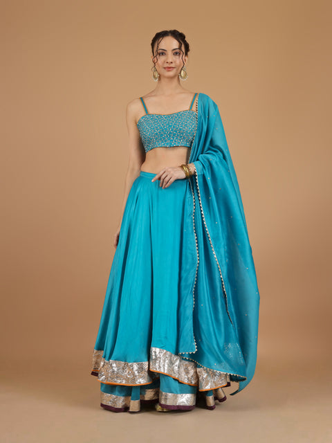 Aqua Blue Chanderi Layered Lehenga with Embroidered Strappy Blouse & Dupatta (Set of 3)