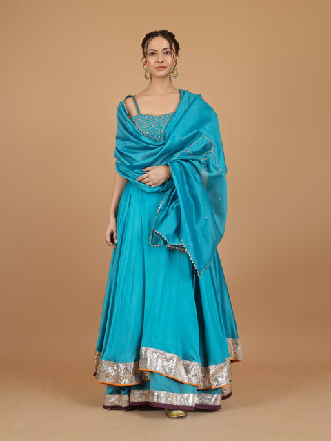 Aqua Blue Chanderi Layered Lehenga with Embroidered Strappy Blouse & Dupatta (Set of 3)