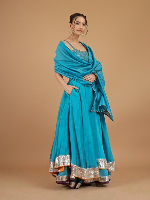 Aqua Blue Chanderi Layered Lehenga with Embroidered Strappy Blouse & Dupatta (Set of 3)