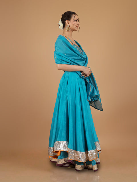 Aqua Blue Chanderi Layered Lehenga with Embroidered Strappy Blouse & Dupatta (Set of 3)
