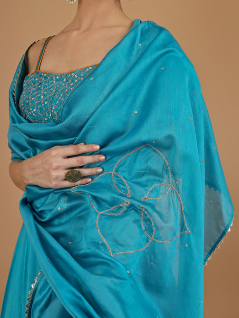 Aqua Blue Chanderi Layered Lehenga with Embroidered Strappy Blouse & Dupatta (Set of 3)