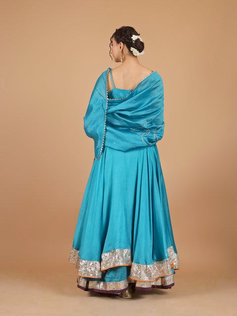 Aqua Blue Chanderi Layered Lehenga with Embroidered Strappy Blouse & Dupatta (Set of 3)
