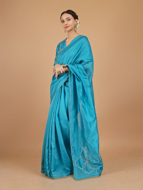 Aqua Blue Chanderi Saree with Embroidered Blouse (Set of 2)
