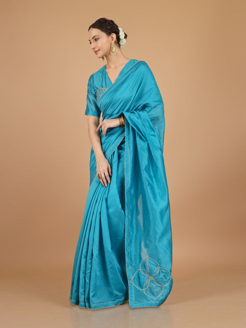 Aqua Blue Chanderi Saree with Embroidered Blouse (Set of 2)