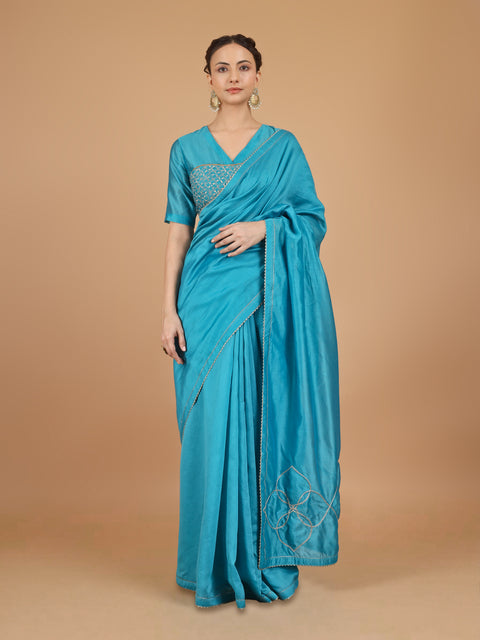 Aqua Blue Chanderi Saree with Embroidered Blouse (Set of 2)