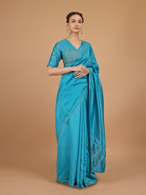 Aqua Blue Chanderi Saree with Embroidered Blouse (Set of 2)