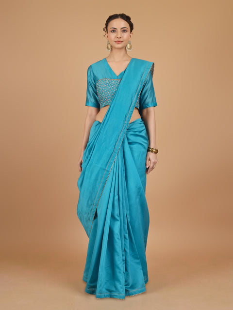 Aqua Blue Chanderi Saree with Embroidered Blouse (Set of 2)