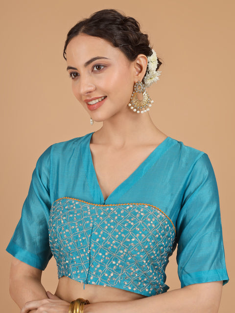 Aqua Blue Chanderi Saree with Embroidered Blouse (Set of 2)