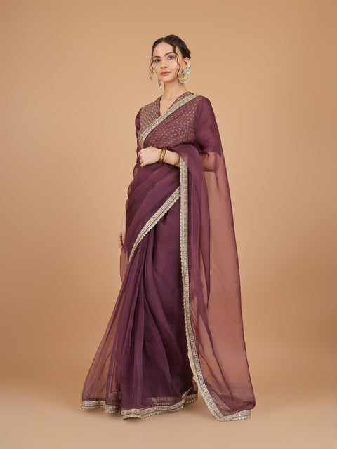 Chanderi Organza Silk Saree with lace details & Embroidered Blouse (Set of 2)
