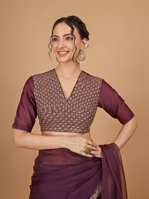 Chanderi Organza Silk Saree with lace details & Embroidered Blouse (Set of 2)