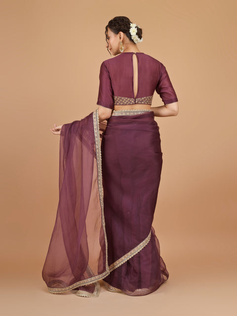 Chanderi Organza Silk Saree with lace details & Embroidered Blouse (Set of 2)