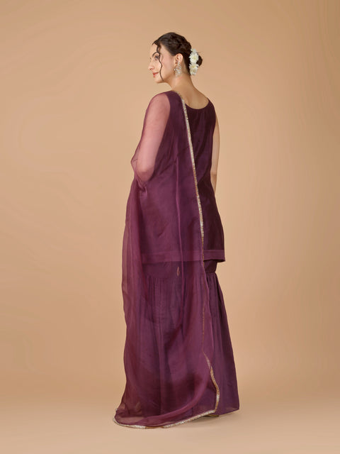 Chanderi Embroidered Short Kurta with Gharara Pants & Organza Silk Dupatta (Set of 3)
