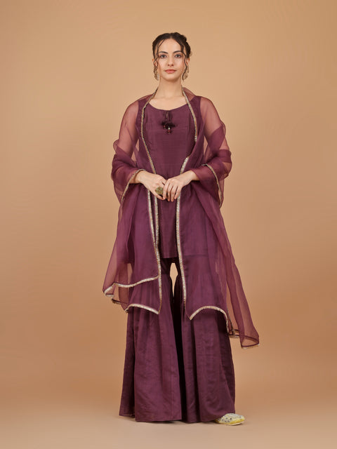 Chanderi Embroidered Short Kurta with Gharara Pants & Organza Silk Dupatta (Set of 3)