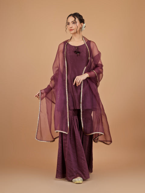 Chanderi Embroidered Short Kurta with Gharara Pants & Organza Silk Dupatta (Set of 3)